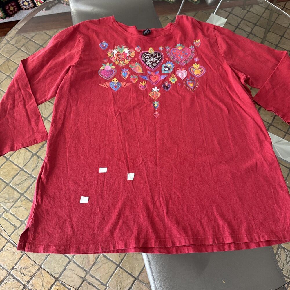 Sabaku Artwear FLAW Womens Top T Shirt XL Red Heart Floral Cotton Long Sleeve